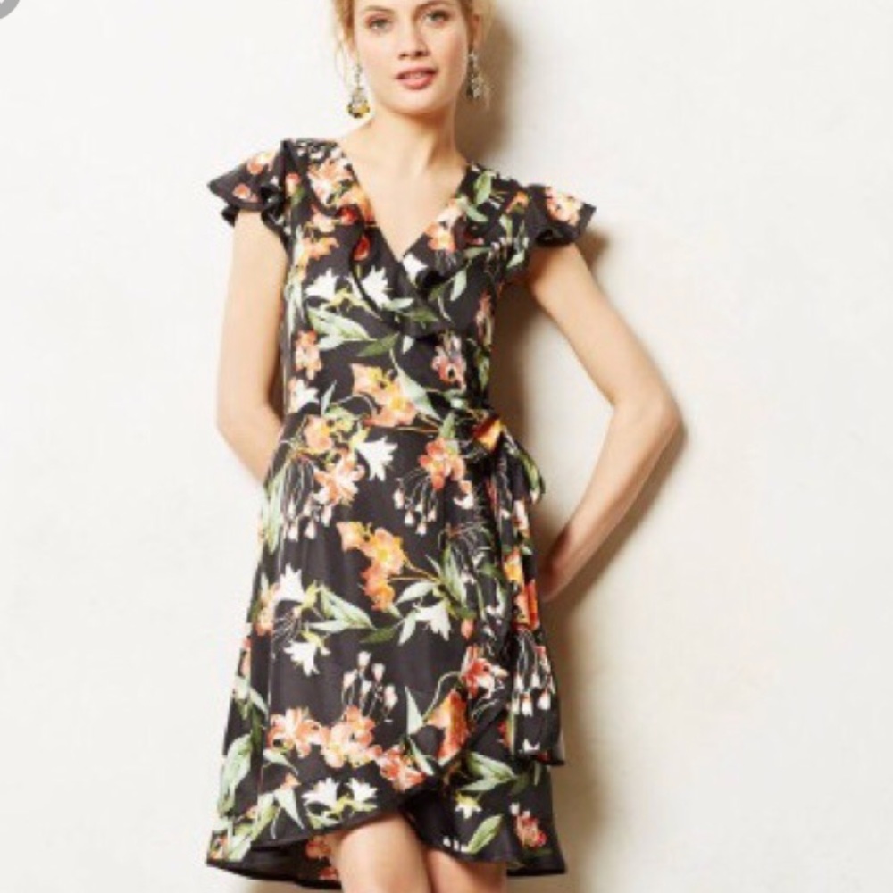 Anthropologie, Hibiscus Wrap Dress, Black